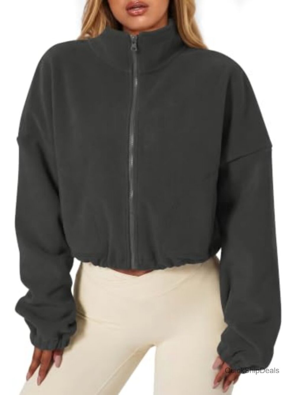 Women's Cropped Fleece Jacket Full Zip Stand Collar Sherpa Coats
